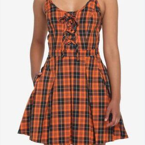 Hot Topic Womens Black Orange Plaid Pleated Lace Up Dress Y2K Goth Sz Small